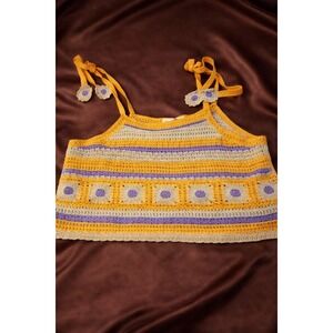 Boho Crochet Crop Top Striped Floral Granny Square Tie Strap Festival Tank M/L